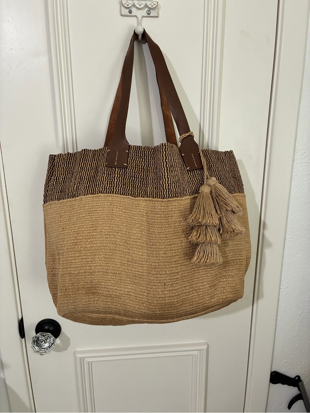 J Jill Woven Straw Tote Bag with Tassel - Brown & Tan